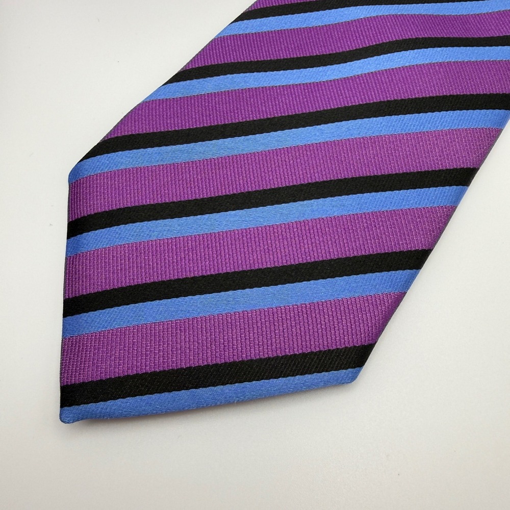 Eton Necktie Mens One Size Purple Blue Striped Silk Made in England Fishbone